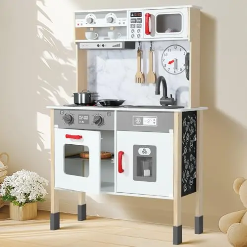 Uiirvdy wooden play kitchen with adjustable height and 35 accessories