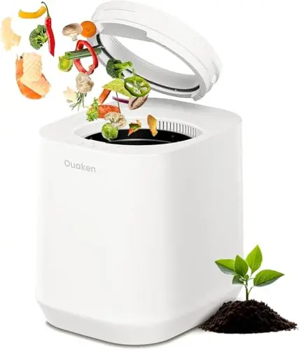 Ouaken white electric composter on kitchen counter with display