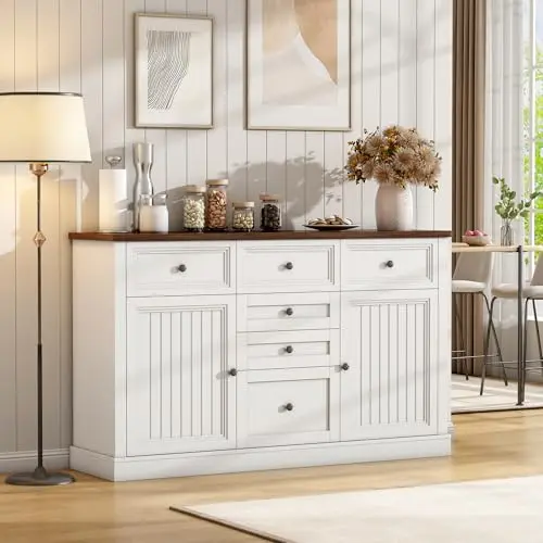 PIPLEO white farmhouse buffet cabinet with drawers