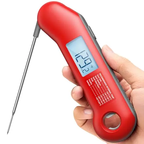 ThermoMaven digital meat thermometer with red and gray design showing large LCD display