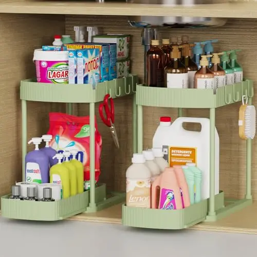 Ukeetap green pull-out storage organizers installed under kitchen sink cabinet