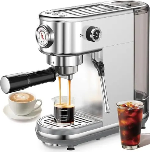 atatix silver espresso machine with milk frother and compact design