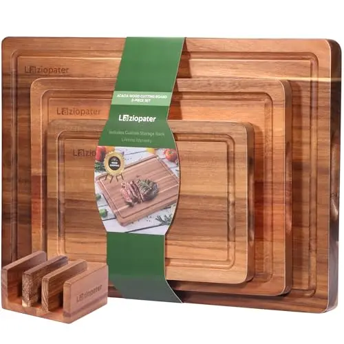 LAZIOPATER 3-piece acacia wood cutting board set with drying shelf