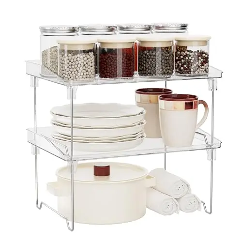 Clear stackable plastic shelves for cabinet organization
