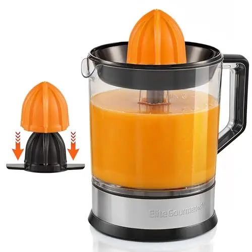 Elite Gourmet electric citrus juicer with compact design and pulp control