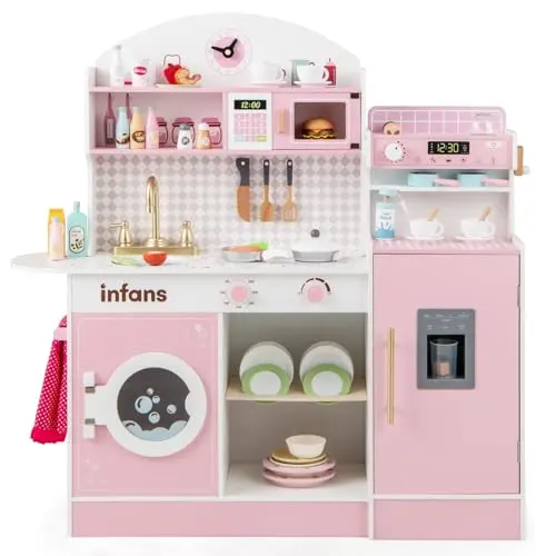 INFANS kids wooden kitchen playset with coffee maker and ice machine