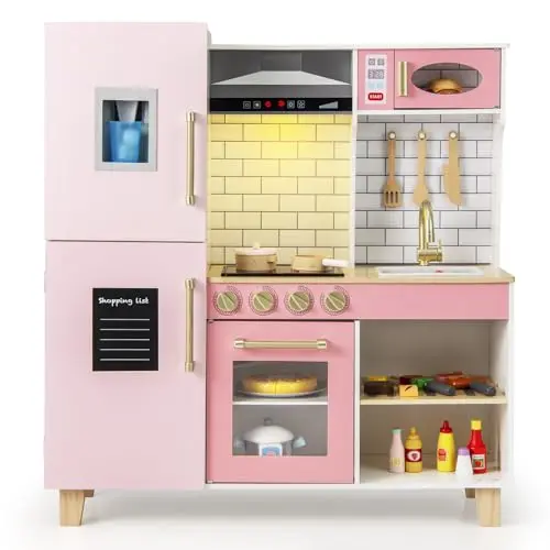 Costzon wooden kids kitchen playset with BBQ grill and lights