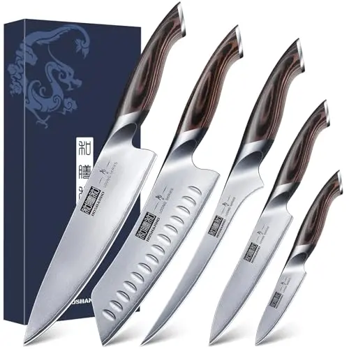 HOSHANHO 5-piece knife set with sleek silver blades and woodgrain handles