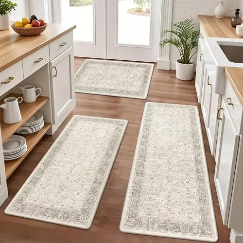 Pauwer khaki kitchen mat set with floral patterns