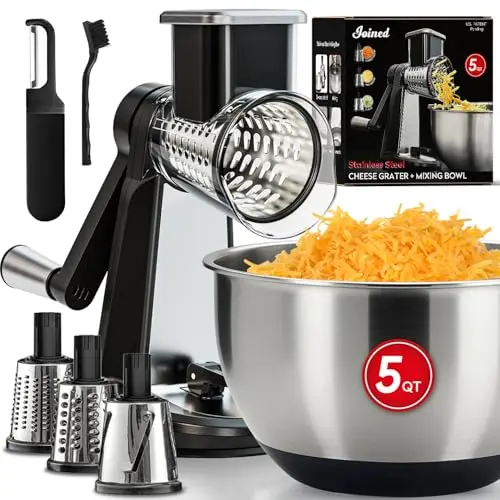 Joined rotary grater with elevated stand and mixing bowl