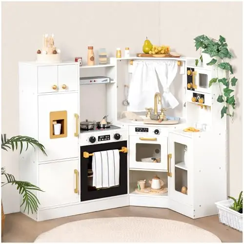 Interactive wooden play kitchen with corner design and realistic features