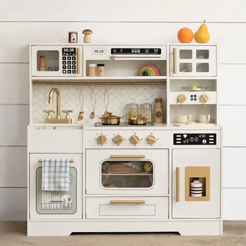 Wooden play kitchen with interactive stove and storage shelves