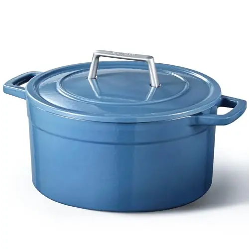 CAROTE 5 quart enameled cast iron Dutch oven in blue with dual handles