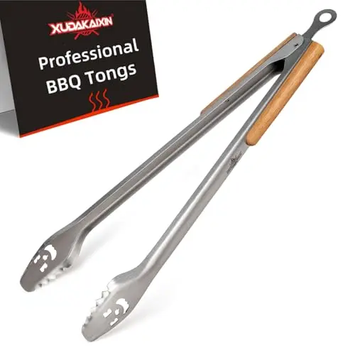 XUDAKAIXIN 25-inch stainless steel BBQ tongs with acacia wood handle