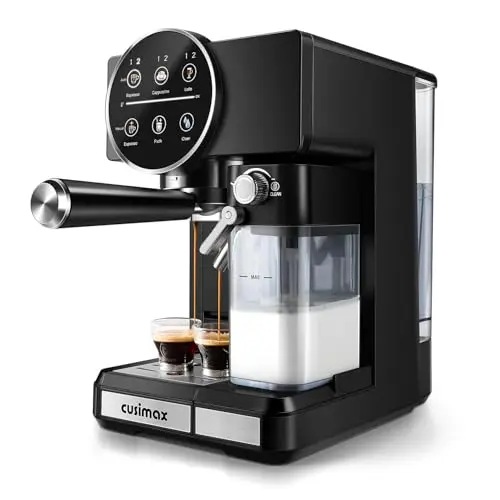 CUSIMAX espresso machine with dual water reservoirs and LCD screen