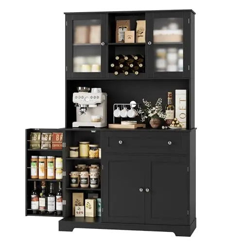 HOSTACK black kitchen hutch with microwave stand and wine rack
