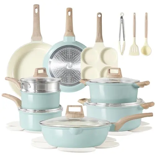 CAROTE blue ceramic cookware set with multiple pieces and utensils