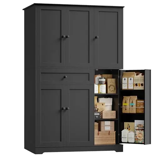 HOSTACK black tall pantry with swing-out door and large drawer