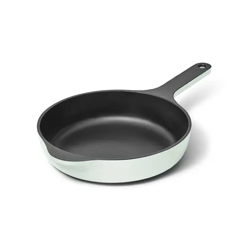 Caraway 8 inch enameled cast iron skillet with steak in light mist color