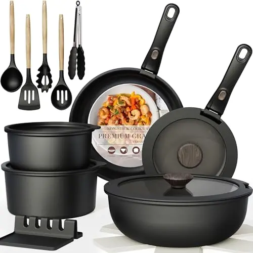 Astercook 21-piece black non-stick cookware set with detachable handles