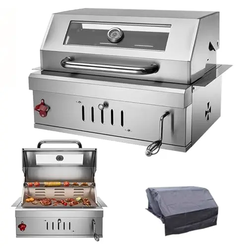 Generic 28-inch built-in charcoal grill with stainless steel construction and glass lid