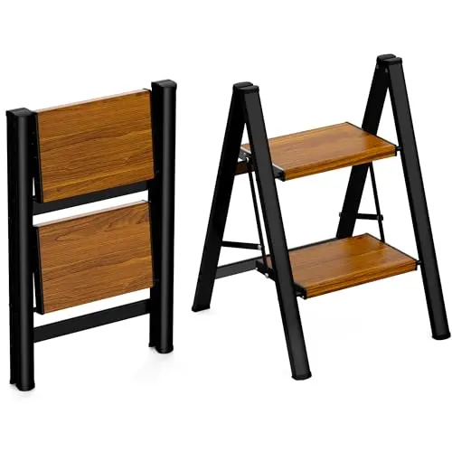 HBTower aluminum step ladder with woodgrain finish