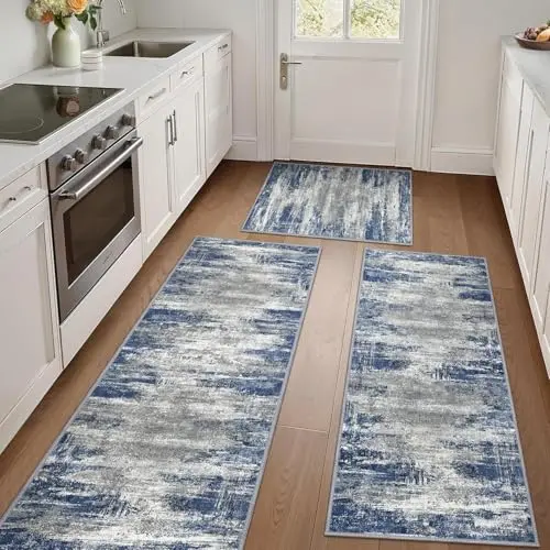 GENIMO set of three blue and ivory abstract pattern kitchen rugs