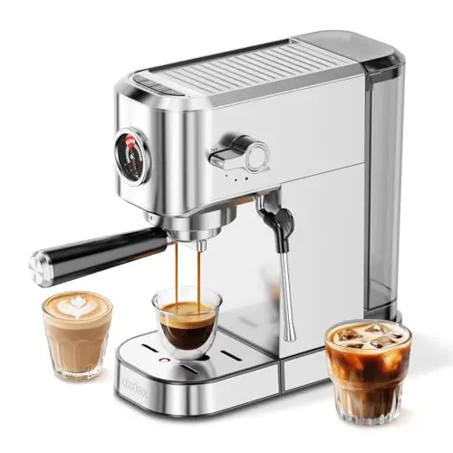 XIXUBX compact espresso machine with milk frother in silver finish