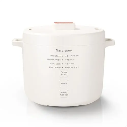 Narcissus white rice cooker with steam tray and modern controls