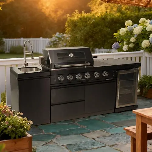 Dvasovio 85-inch outdoor kitchen barbecue island with black granite countertops