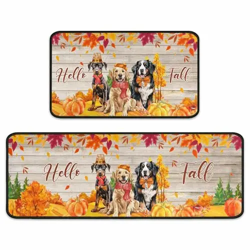 Hello Fall decorative dog-themed kitchen rugs set
