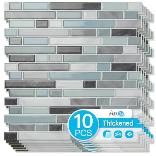 Art3d grey and blue peel and stick backsplash tiles with geometric pattern