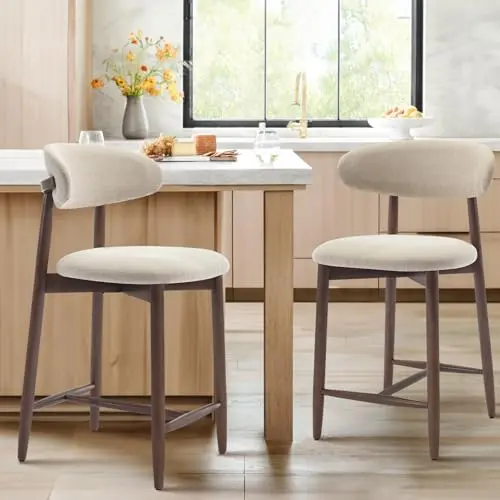 COLAMY beige upholstered bar stools with wood legs and mid-century design