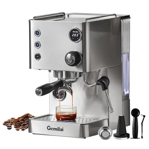 Gemilai espresso machine with hybrid boiler system in brushed stainless steel