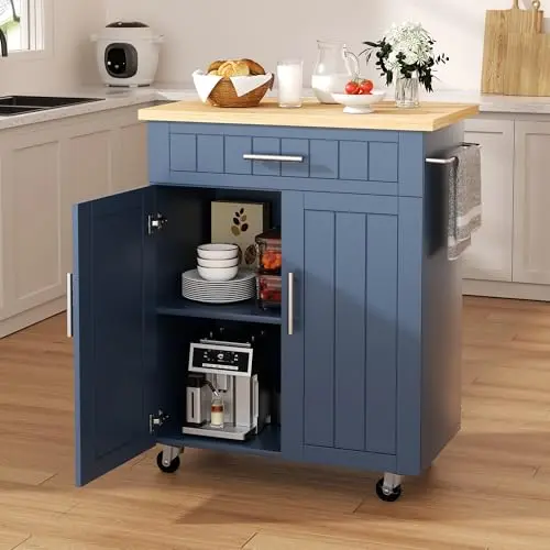 SHINTENCHI blue kitchen island cart with storage and wheels