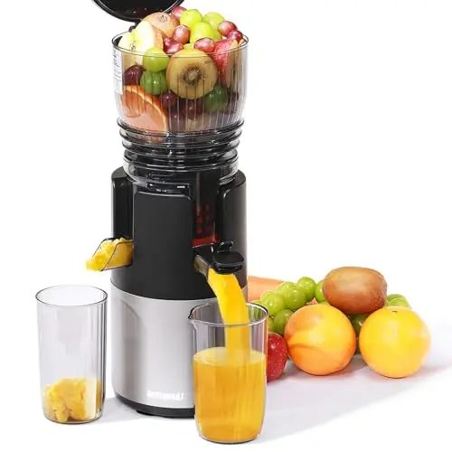 Godspeeds cold press juicer with wide feed chute on countertop