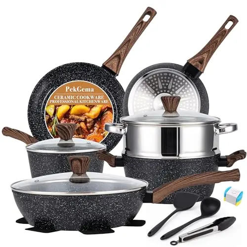PekGema 14-piece ceramic nonstick cookware set with steamer