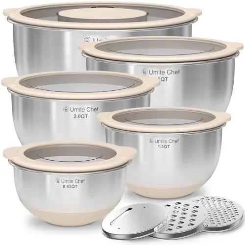 Umite Chef stainless steel mixing bowls with lids and accessories