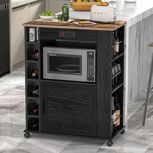 VECELO black kitchen island with power outlet and wine storage