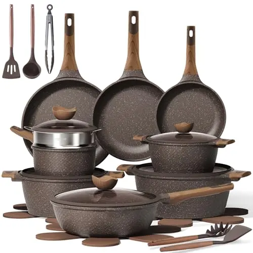 CAROTE 26-piece nonstick cookware set in brown with multiple pots and pans