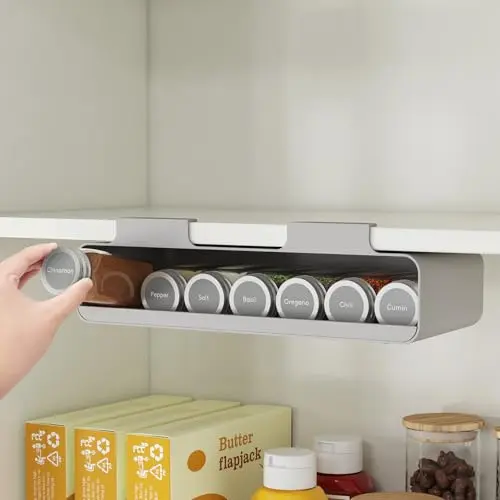 Gray under-cabinet spice rack with 7 jars and funnel