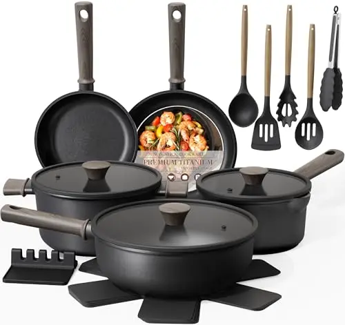 Astercook 19-piece titanium nonstick cookware set in black with wood-grain handles