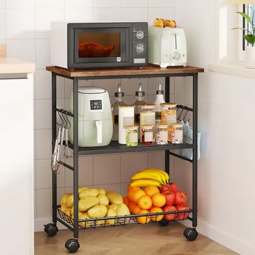 SWTYMIKI brown kitchen cart with wire baskets and S-hooks