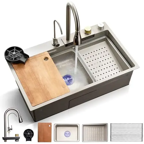 SERENELIFE gray kitchen sink with faucet and accessories bundle