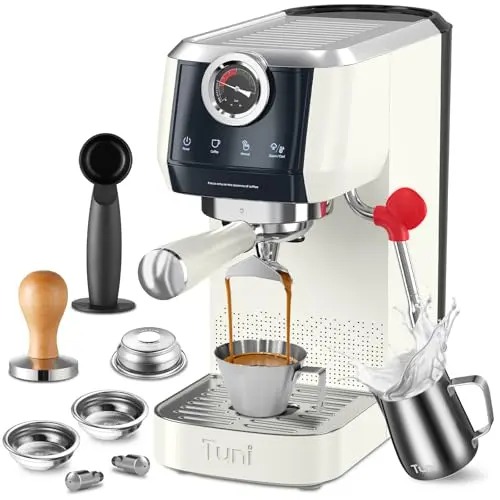 Tuni E2 dual boiler espresso machine with stainless steel finish and pressure gauge