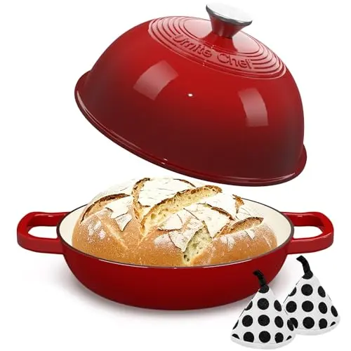 Umite Chef red enameled cast iron Dutch oven with potholders