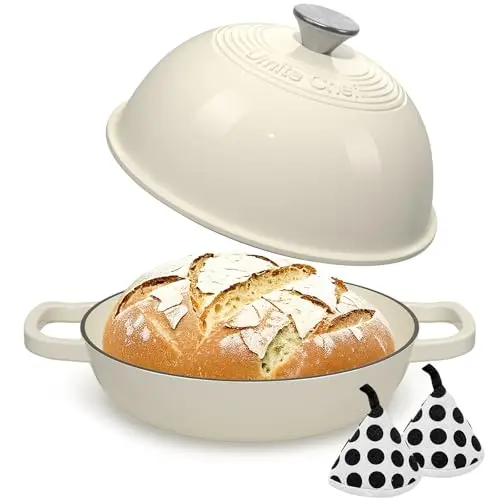 Umite Chef 6 quart enameled cast iron Dutch oven with dome lid and cream white finish