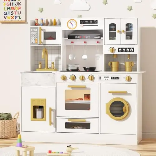 BIERUM White Wooden Play Kitchen with lights, sounds, and interactive elements