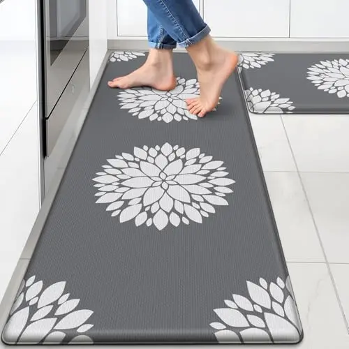 DailyCuddles grey kitchen mat set with floral pattern