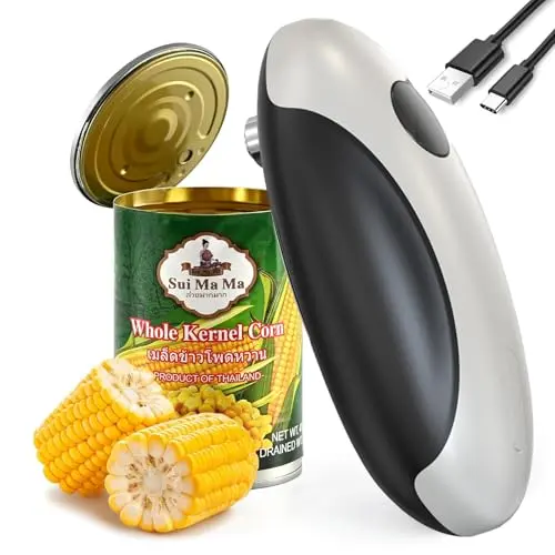 KuraMart electric can opener in black and white with compact portable design
